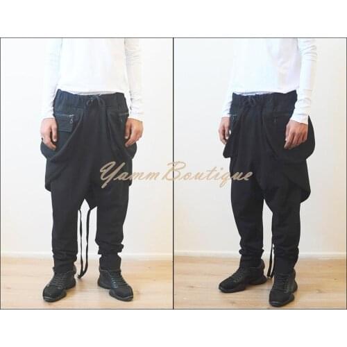 Men Dark Black Bohemian Kilt Skirt Layered Drop Crotch Ribbed Legging Layered Shorts Swatpant Pants