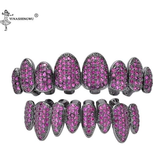 Hip Hop Iced Out 8 Colors Irregular Top Bottom teeth Grillzs Set Fang Men AAA CZ Zircon Stone Bling Dental Grills Rapper Jewelry