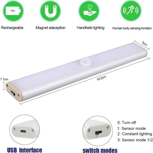 Night Light Motion Sensor LED Cabinet Light Wireless PIR LED Lamp Closet Wardrobe Lamp USB Rechargeable Home Bedroom Nightlight