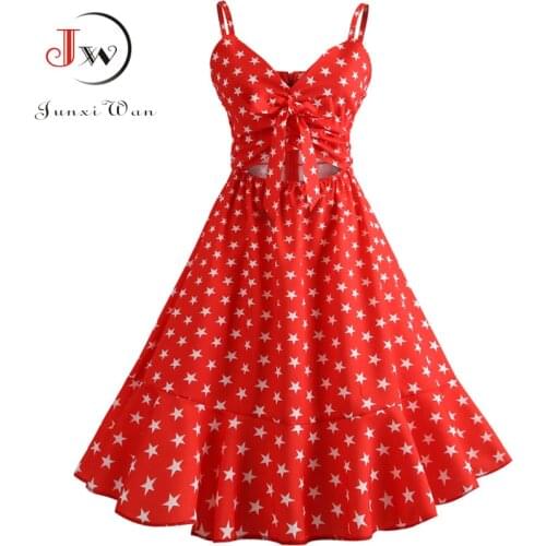 Summer Dress Women V-Neck Spaghetti Strap Backless Sexy Party Dresses 50s 60s Print Elegant Vintage Rockabilly Sundress