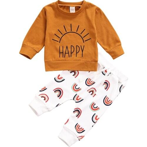2 Pcs Newborn Casual Outfits, Toddler Sun & Letter Print Long Sleeve Round Neck Sweatshirt + Rainbow Print Bow Trousers