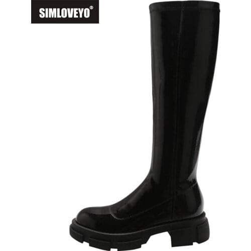SIMLOVEYO Womens Genuine Leather Boots Womens Comfy Elastic Platform Round Toe Chunky High Heel Pull on Patent Leather Boots