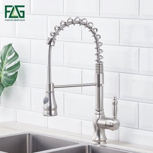 FLG Kitchen Faucets Brushed Nickel Brass Faucet for Kitchen Tap Pull Out Rotation Spray Mixer Taps Torneira Cozinha 292-33N