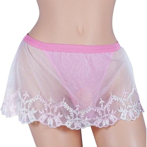 Lace Sissy Panties Sexy Lingerie with Bulge Pouch T back See through Skirted Gay Mens Underwear G string For Male Underpants
