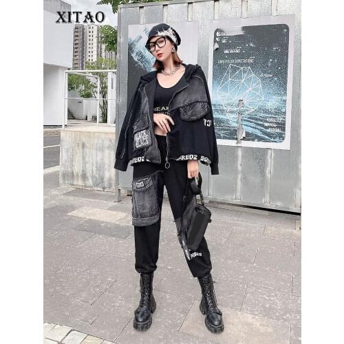 XITAO New Women Denim Pants Sets Fashion Letter Print 2021 Autumn Fashion Hooded Collar Top Coat Collocation Harem Pants GWJ0392