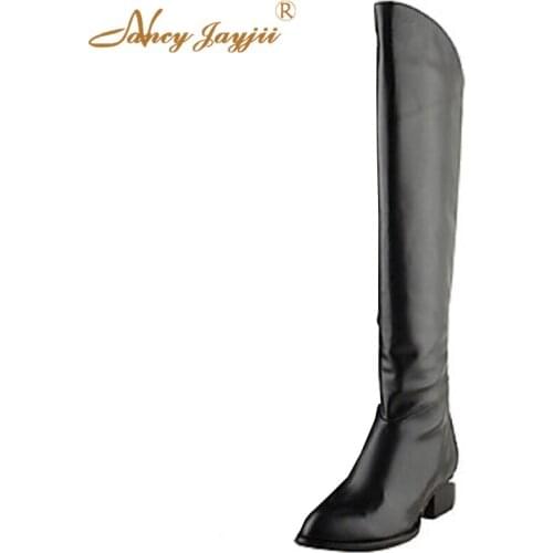2017 Women Black Pointed Toe Flat Heels Knee High Waterproof Boots Shoes Spring/Winter For Woman Casual&Party Large Size4-16