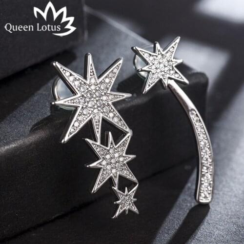 Queen Lotus New Arrival Female Crystal Star Stud Earrings Fashoin Asymmetric Korean Earrings Women Accessories Cubic Jewelry