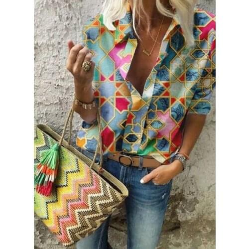 All-match loose long-sleeved ladies shirts new large size fashion casual printed ladies blouse