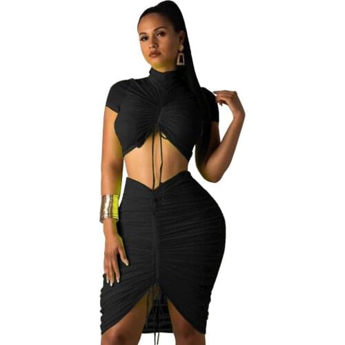 Casaul Women Skirt Suit Drawstring Shirt + Mini Dress Solid Color Skirt Suits Streetwear Summer Clothes For Women