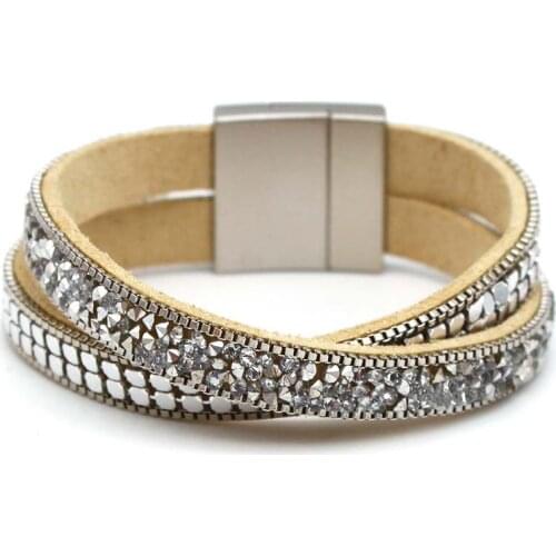 Splice Stripe Charm Leather Bracelets For Women 2021 Fashion Crystal Ladies Boho Multilayer Wide Wrap Bracelet Female Jewelry