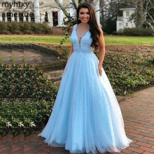 2020 Hot New Arrival V Neck Sexy Custom Evening Dresses Pearls Beaded Luxury Dress Party Robe Soiree Dubai Formal Robe De Soiree