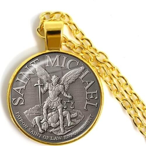 1pcs 25mm Glass Cabochon Necklace Archangel St.Michael Protect Me Saint Shield Protection Charm Russian Orhodox Pendant Jewelry