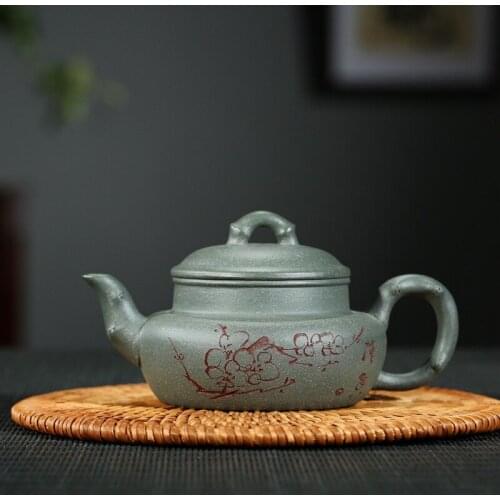 150ml Yixing Original Ore Authentic Master Full Handmade Teapot Engraving Plum Green Clay Pot Purple Sand Tea Set