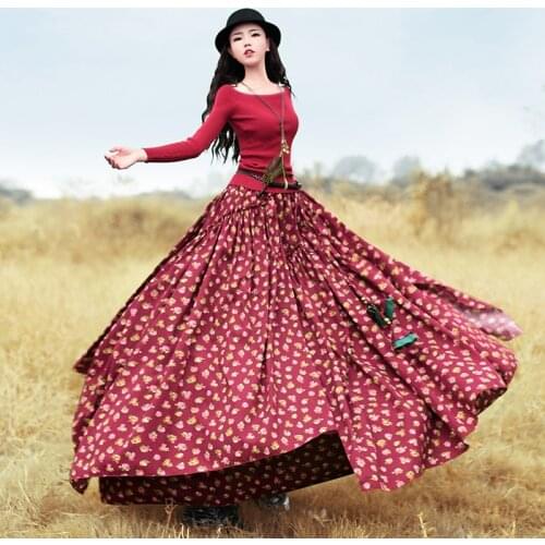 Free Shipping Boshow 2021 New Flower Print Long Maxi Cotton Autumn Spring Skirt For Women Irregular Floral Skirts Elastic Waist