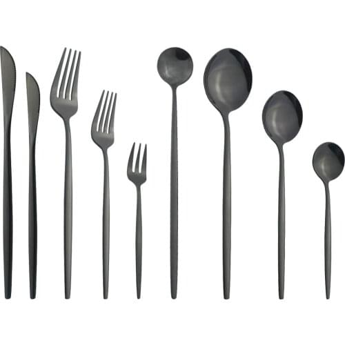 Black Mirror Stainless Steel Dinnerware Cutlery Set Cake Fork Long Handle Spoon Knife Tableware Kitchen Flatware Silverware Set