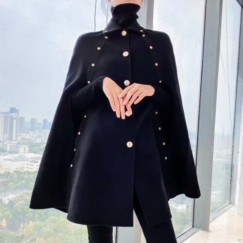 Black cape woolen coat women autumn winter 2020 new mid-length loose shawl vintage cloak wool coat