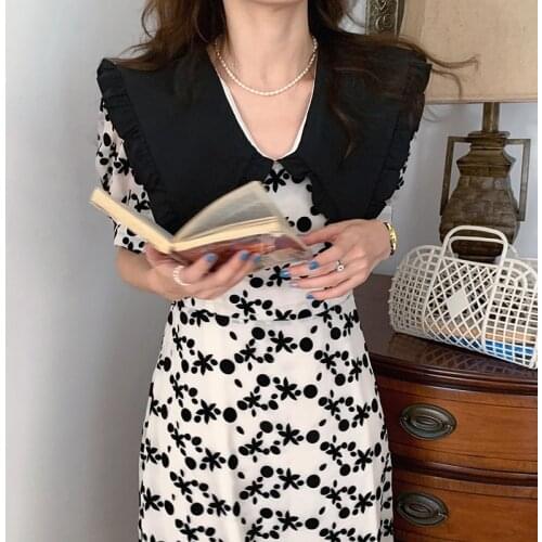 Korean Chic French Retro Contrast Color Doll Collar Full Screen Floral Lace-Up Waist Slimming Puff Sleeve Dress Female