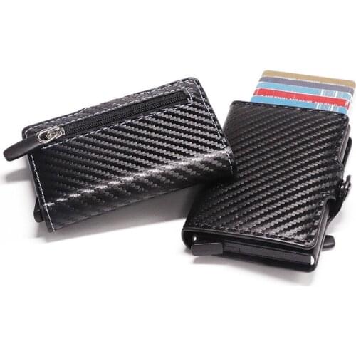 Fashion Carbon Fiber Men Wallet Credit Card Holder Button Zipper Wallet RFID Metal Anti-theft CardCase Short Slim Male Purse2021