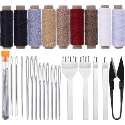LMDZ 26Pcs Leather Sewing Tools Set Punch Tool Leather Sewing Waxed Thread And Needle Leather Stitching Kit For Beginner