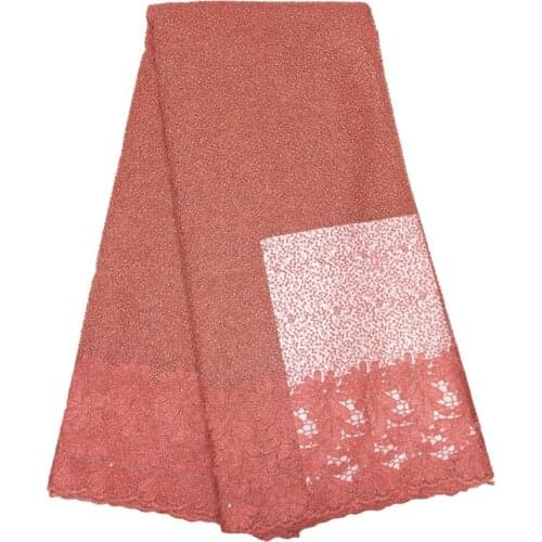Newest pink color African French lace fabric with beads guipure polyester Nigeria tulle lace 5 yards for wedding party dress