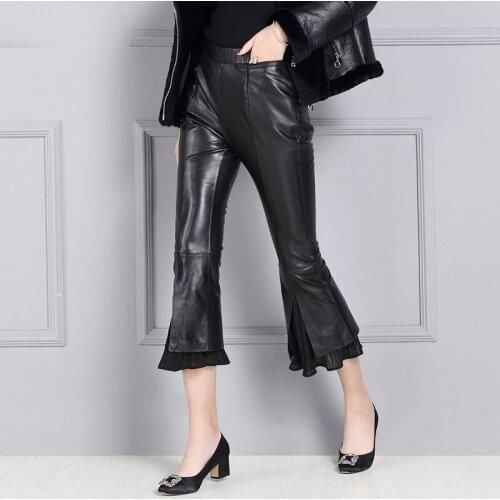 New Fashion Women Top Quality Sheepskin Real Leather Flare Pants Calf Length Office Ladies Elastic Waist Bell-bottomed Pants 4XL