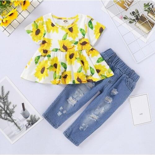 New Summer Children Girls Cotton Suit Top Round Neck Big Flower Print + Denim Hole Factory Trousers Set