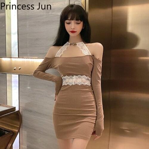 Sexy Summer Lace Halter Backless Super Mini Dress Off Shoulder Lace Patchwork Slim Pencil Dress Retro Long Sleeve Party Dress