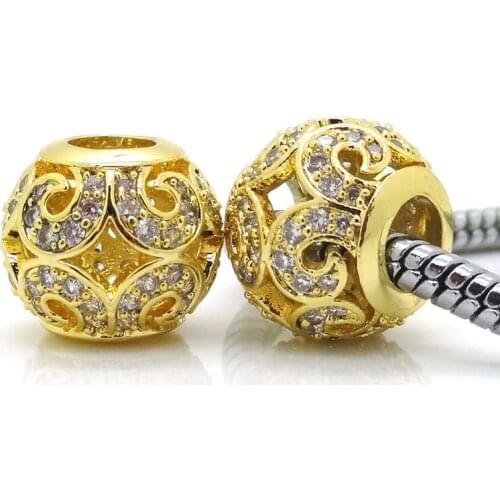 Fits Pandora Bracelet & Bangles Charm Spray Shape Bead Gold Color European Beads With Micro Pave White Cubic Zirconia Beads