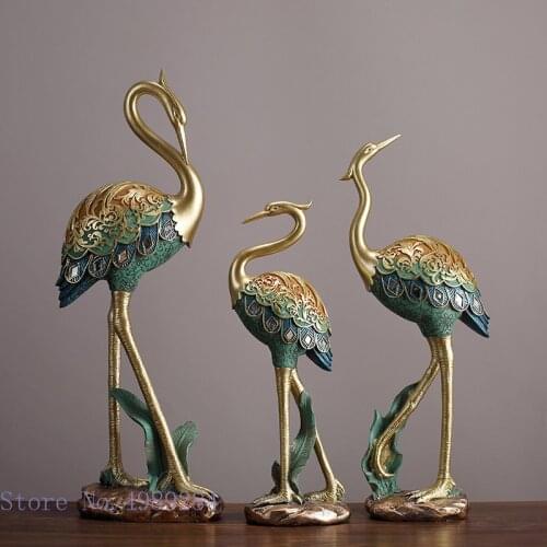 Resin animal sculpture Painted Crane bird Simulation animal statue crafts ornaments Golden relief Handmade Home Decoration