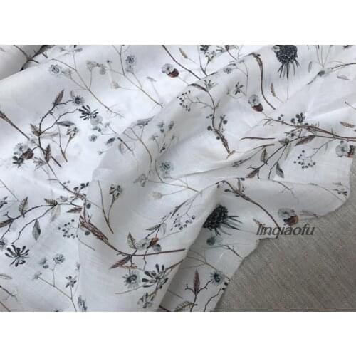 Clear digital inkjet white dry flower light robe dress blouse high-end fabric High-end linen fabric