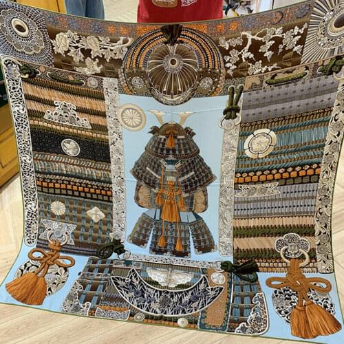 Luxury 60% Cashmere 40% Silk Scarf Women Fashion Winter Thin Kerchief Samurai Armor Print Hand Rolled Shawl Stole 135*135cm