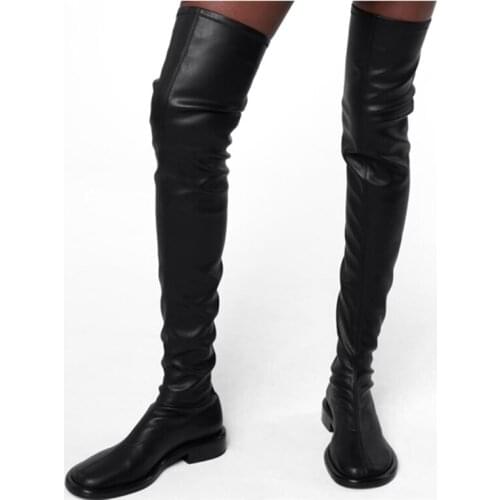 Wholesale Big Round Toe Low Chunky Heel Boots Stretch Fabric Over Knee High Heel Black Thigh High Boots