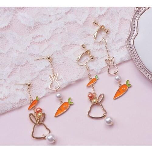 Cute Lovely Hollow Rabbit Carrot Pearl Asymmetric Earrings For Women Sweet Romantic Drop Ear Jewelry