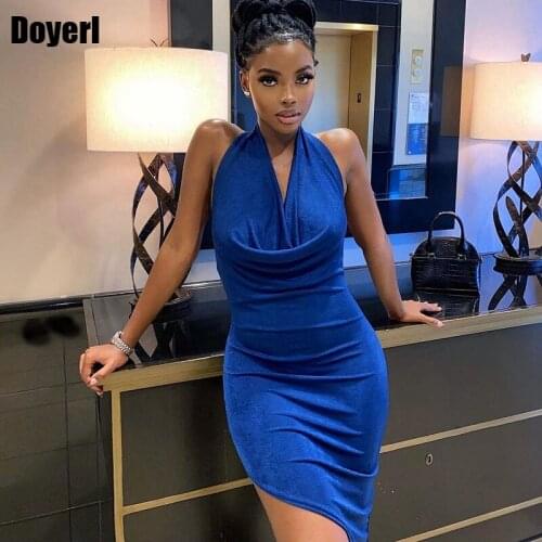 Blue Halter Backless Bodycon Dress Women Clubwear Elegant Stretch Slim Sexy Mini Dress Club Short Party Dresses for Women 2021