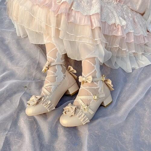 Pearl Star Buckle Lolita Shoes Middle Heel Round Toe Lace Student Jk Uniform Tea Party Luxury Fashion Kawaii Lolita Women Shoe