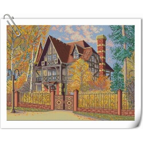 Embroidery Needlework Crafts 14CT Unprinted DIY Quality Autumn Scenery Courtyard Cross Stitch Kits Handmade Arts Home Decor