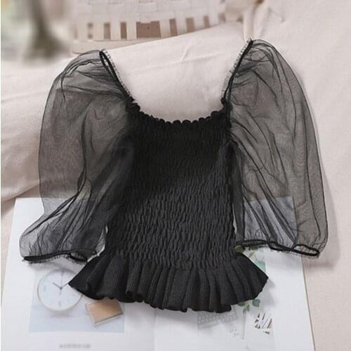 Puff Sleeve Slash Neck Short Sleeve Summer Sweet Elegant Exposed Clavicle Knitted Stitching T-Shirt Female Clothing