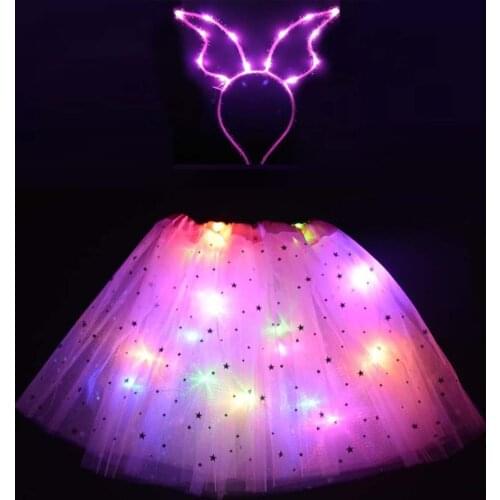Adult Child Led Clothes Light Star Tutu Skirt Ear Hairband Glow Angel Easter Costume Gift Valentines Day Wedding Birthday Party