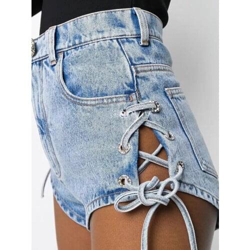 2020 summer European street style side cross lace hot pants rhinestone buckle sexy show leg length denim shorts female