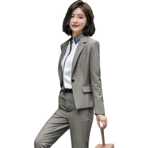 Womens suits brand womens autumn and winter new retro plaid suits feet pants two sets of wild professional wear 2 sets