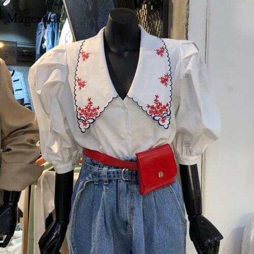 Summer Floral Embroidery 2021 Woman Blouses Plus Size Korean Women Tops Sweet Puff Half Sleeve Loose Short Shirt Blusas 14172