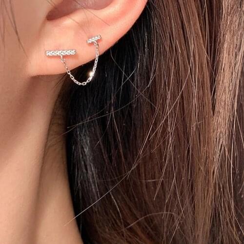 VENTFILLE 925 Sterling Silver Double Pierced Zircon Bar Earrings Female Simple Chain Earrings Wholesale Dropshipping