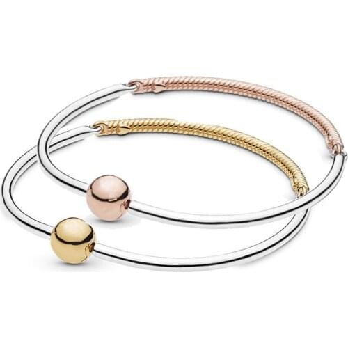 925 Sterling Silver Bracelet Rose Gold Moments Three-link Clasp Snake Bangle Fit Women Bead Bracelets Charm Fashion Jewelry