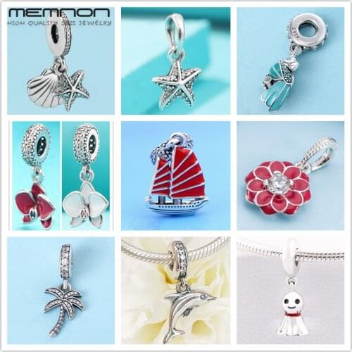 Summer Orchid Palm Tree Tropical Starfish Dangle charms 925 sterling silver enamel parrot fit bracelet necklace pendant DIY