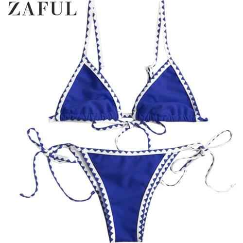 ZAFUL Women Low Waisted Spaghetti Straps String Two Pieces Swimsuit FOR Textured Whip Stitch Bralette Bikini Swimwear