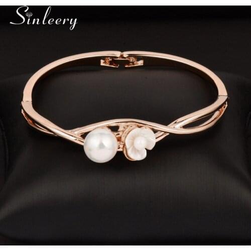 SINLEERY White Shell Flower Pearl Bracelet Bangle Women Rose Gold Silver Color Fashion Jewelry Accessories Sl341 SSO