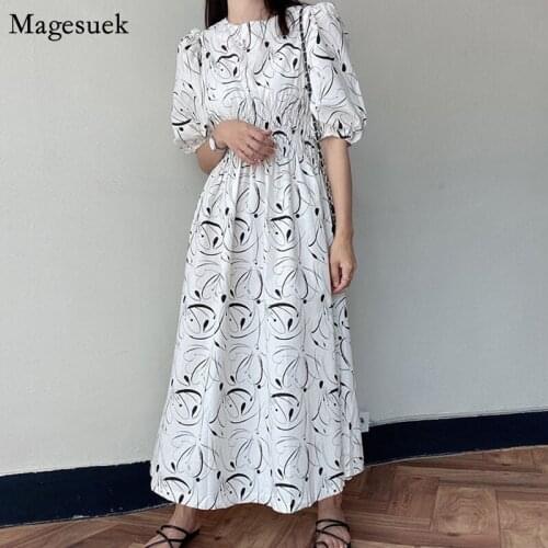Korean Style White Printed Dress Women Puff Sleeve Elastic Waist Summer Dress Lady Plus Size Elegant Long Dresses Robe New 15430