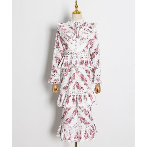 Woman dress 2021 summer fashion retro heavy chain link stand collar pleated cake skirt ruffled long sleeve dress