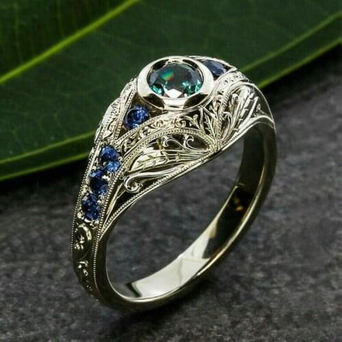Female Luxruy Vintage Craved Rings Bridal Promise Wedding Ring Green Blue Rhinestone Rings