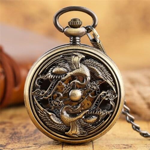 Antique Automatic Mechanical Pocket Watch Classic Skeleton Flying Phoenix Sculpture Novel Clock Creative Gifts for Friends Teens